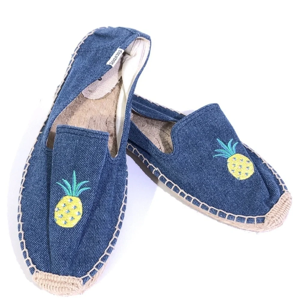 SOLUDOS Embroidered Pineapple Denim Canvas Slip On Beach Summer Espadrilles 8